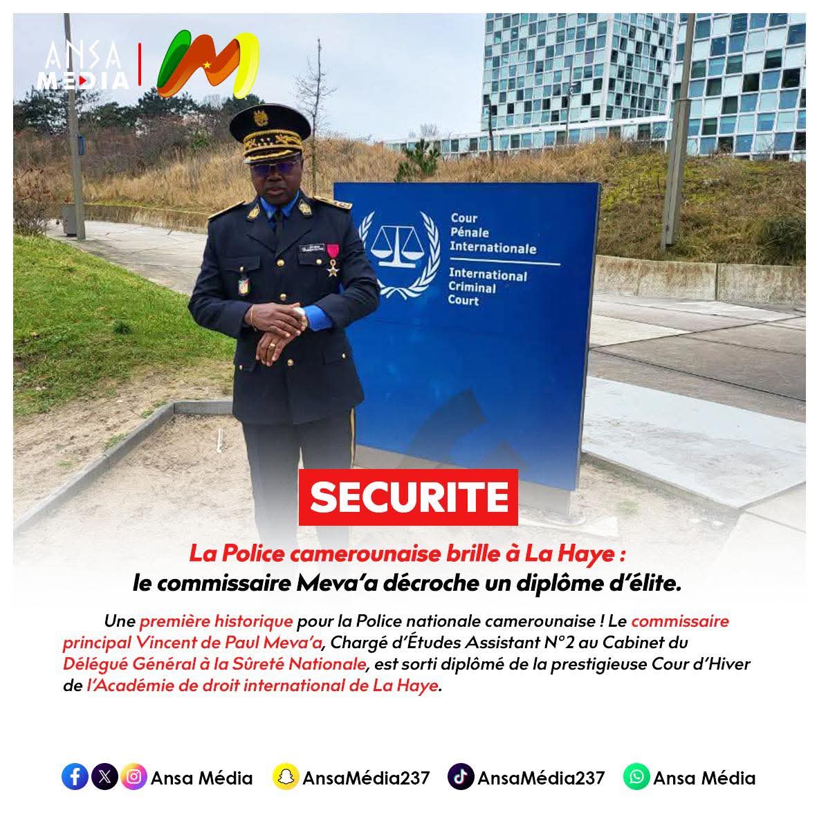 La police camerounaise brille à La Haye : le commissaire Meva’a décroche un diplôme d’élite.