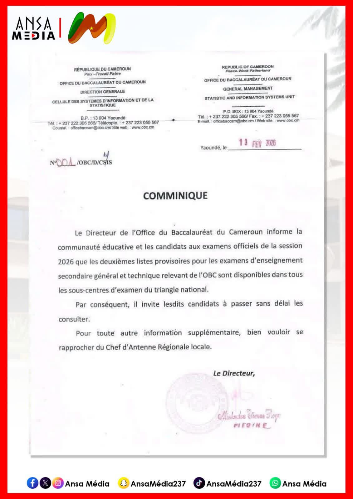 COMMUNIQUÉ