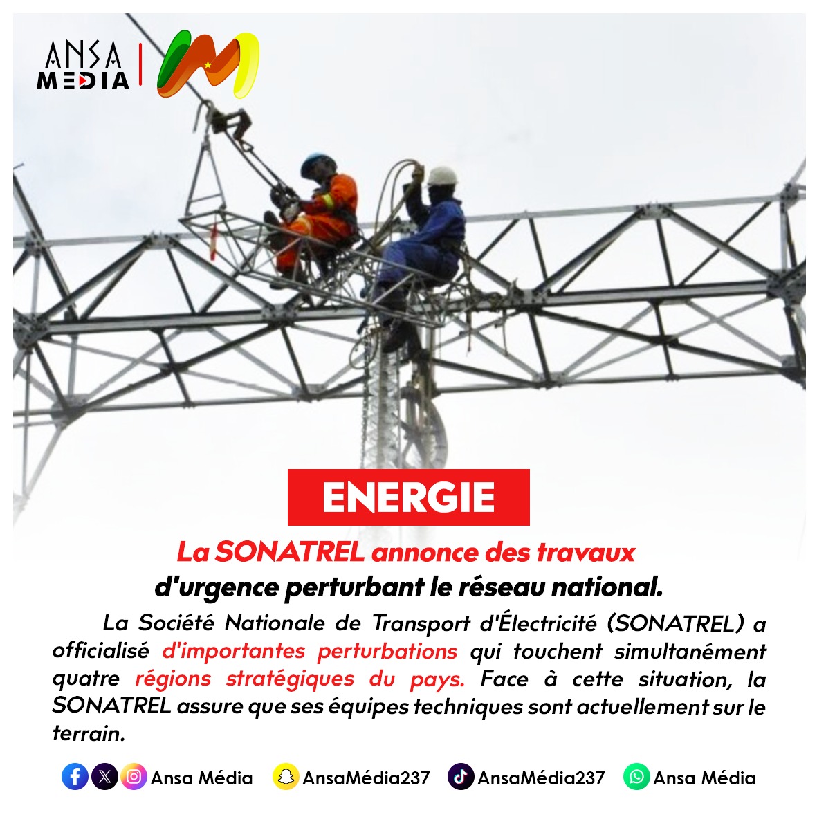 La SONATREL annonce des travaux d'urgence perturbant le réseau nation