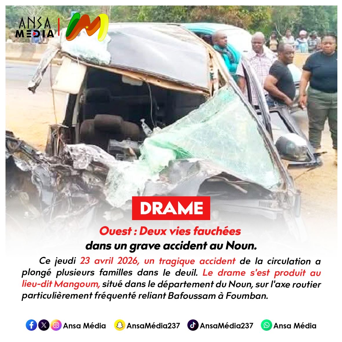Drame à Bafoussam : Deux vies fauchées dans un grave accident au Noun