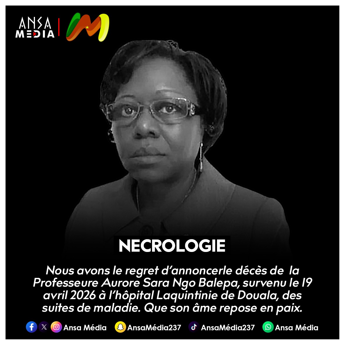 Nécrologie : disparition de la Pr Aurore Sara Ngo Balepa