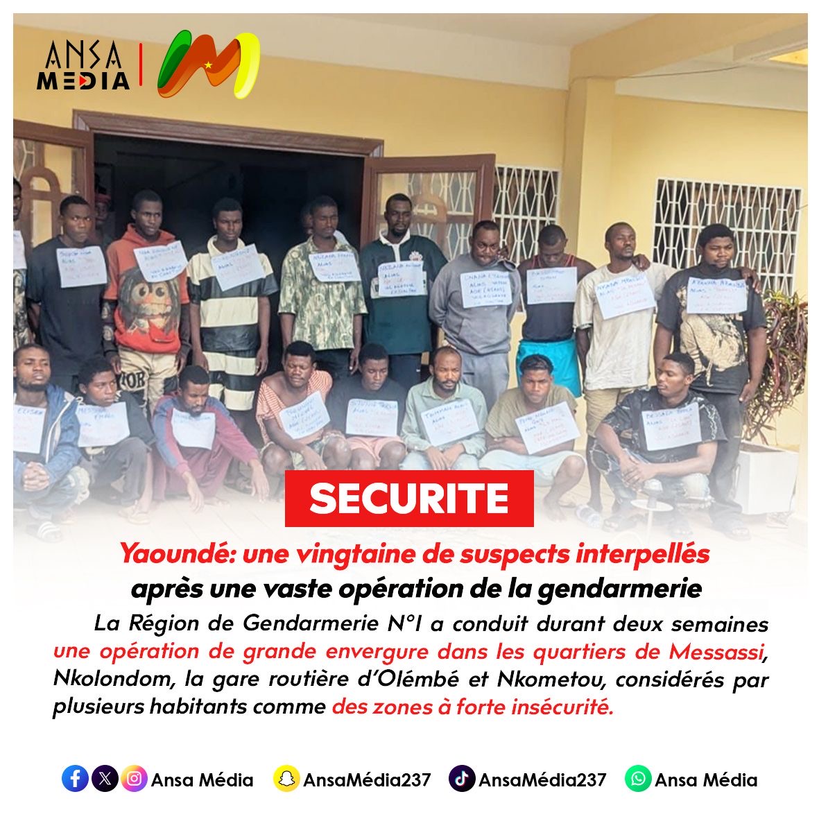 Yaoundé: une vingtaine de suspects interpellés après une vaste opération de la gendarmerie