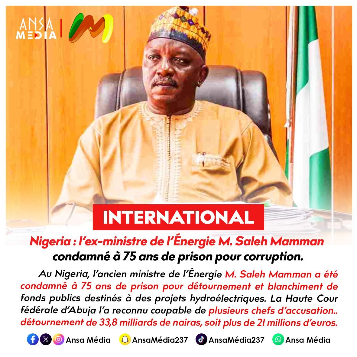 Nigeria : l’ex-ministre de l’Énergie M. PSaleh Mamman condamné à 75 ans de prison pour corruption.