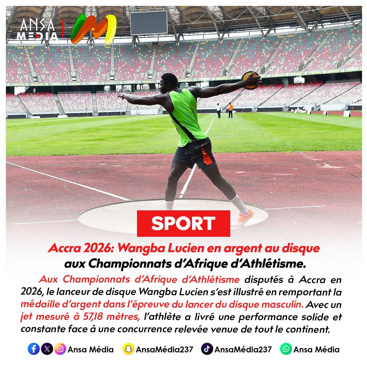 Accra 2026: Wangba Lucien en argent au disque aux Championnats d’Afrique d’Athlétisme.