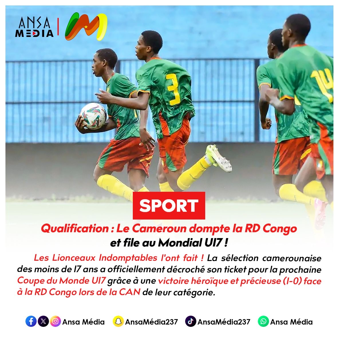 Qualification : Le Cameroun dompte la RD Congo et file au Mondial U17 !