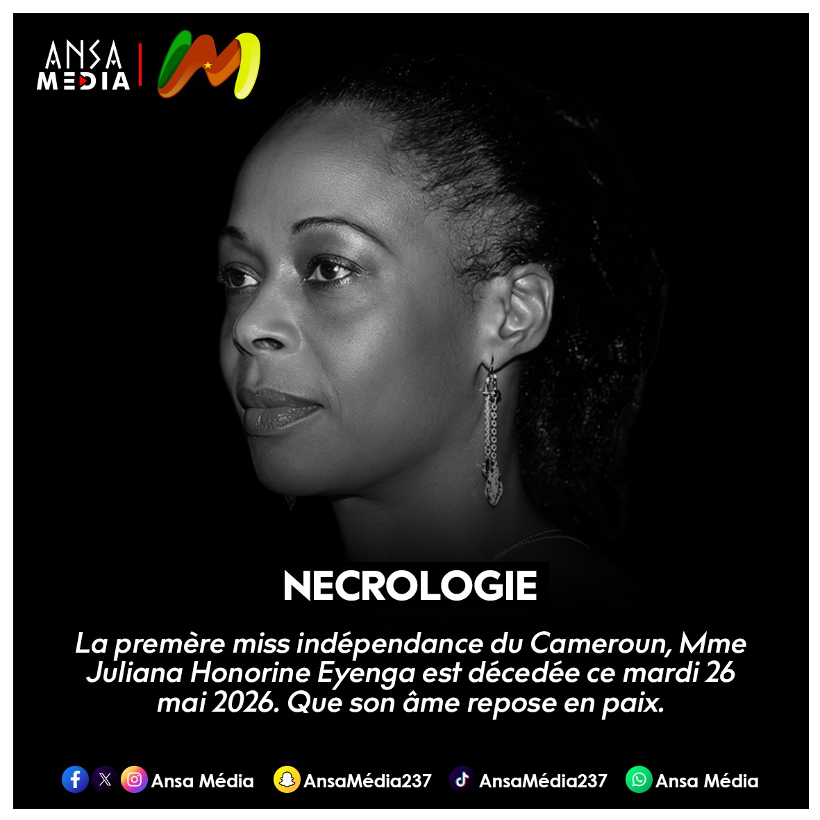 Nécrologie : décès de Juliana Honorine Eyenga, première Miss Indépendance du Cameroun.