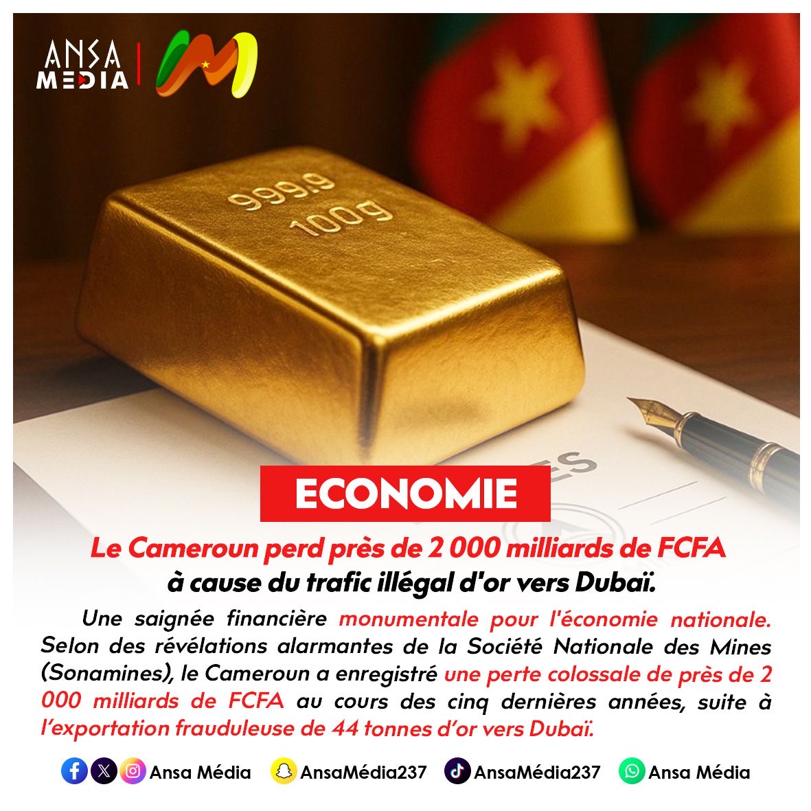 Le Cameroun perd près de 2 000 milliards de FCFA à cause du trafic illégal d'or vers Dubaï.