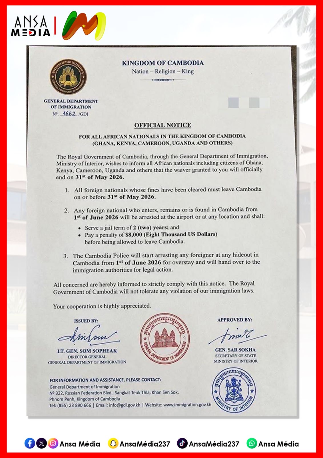 Le Cambodge somme les ressortissants camerounais de quitter son territoire.