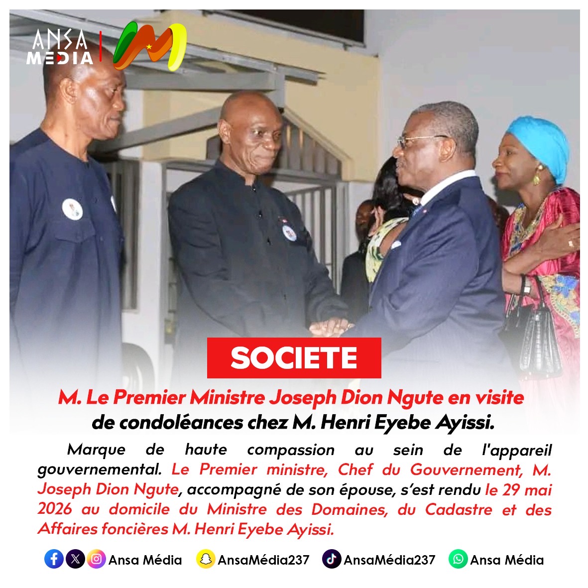 M. Joseph Dion Ngute en visite de condoléances chez M. Henri Eyebe Ayissi.