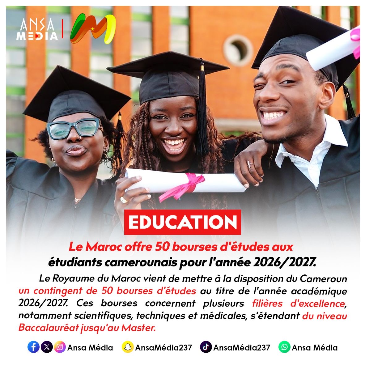 Le Maroc offre 50 bourses d'études aux étudiants camerounais pour l'année 2026/2027.