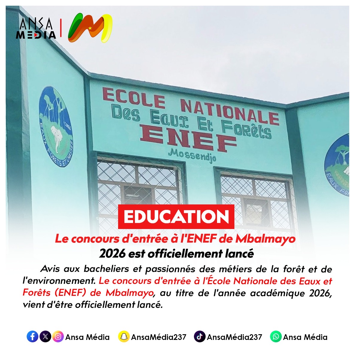 Formation : Le concours d'entrée à l'ENEF de Mbalmayo 2026 est officiellement lancé !