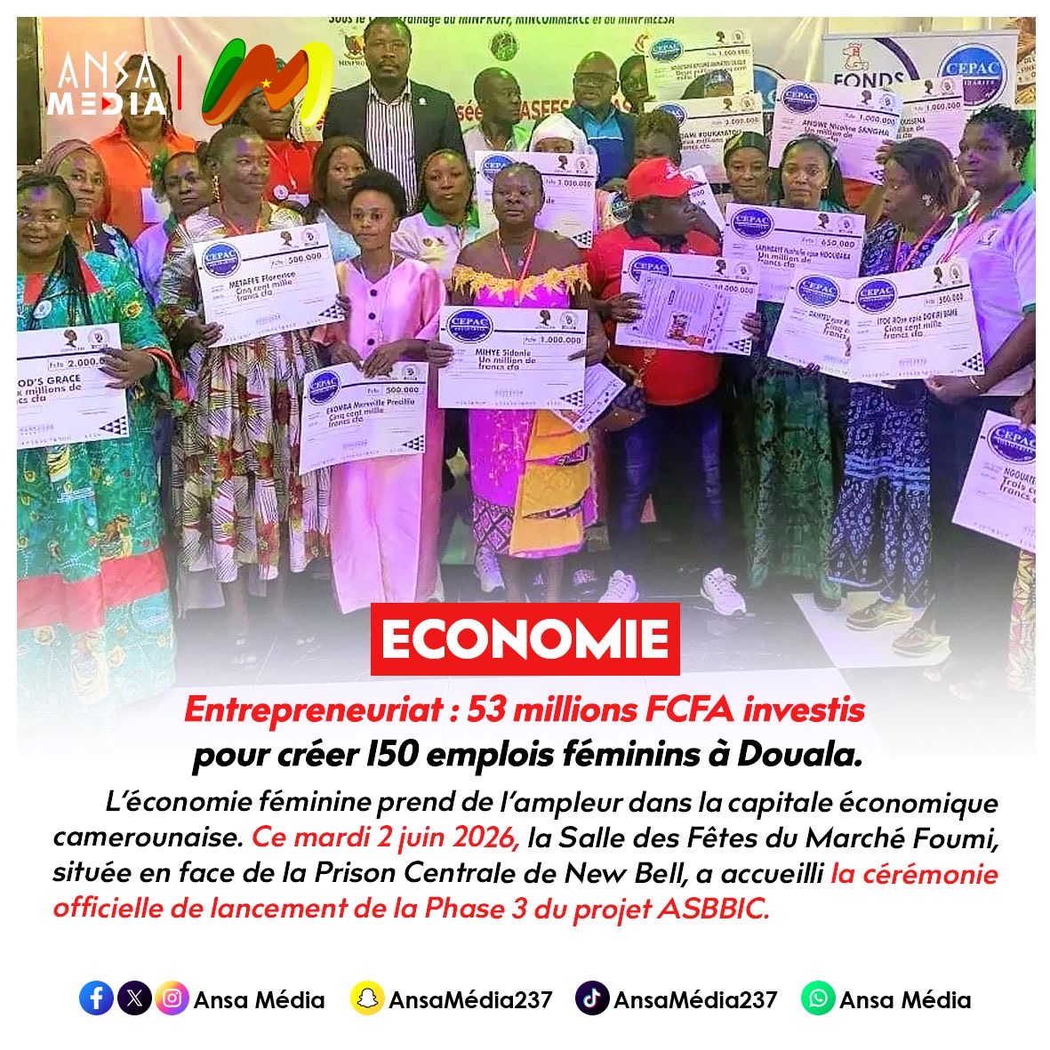 Entrepreneuriat : 53 millions FCFA investis pour créer 150 emplois féminins à Douala.