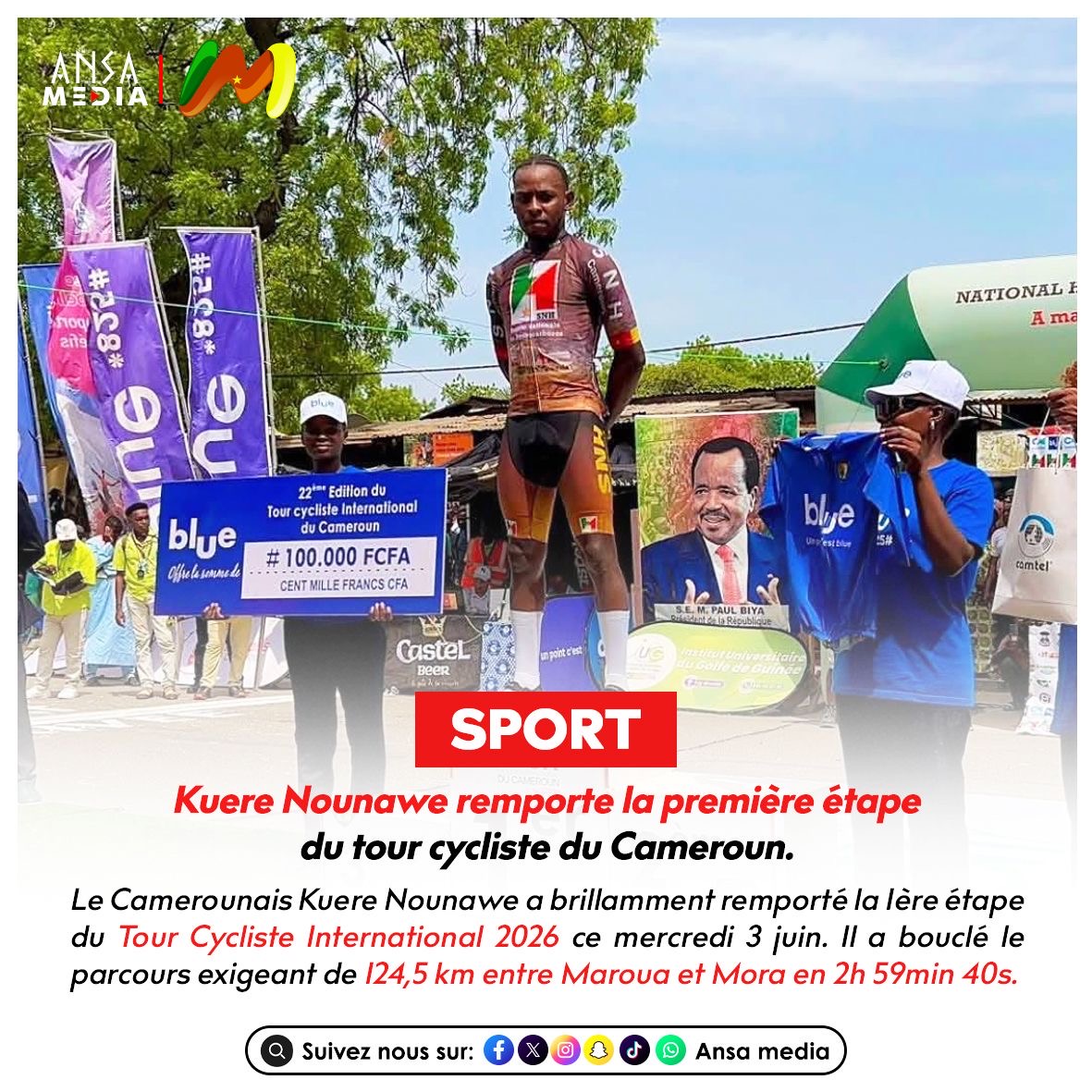 Kuere Nounawe remporte la première étape du tour cycliste du Cameroun.