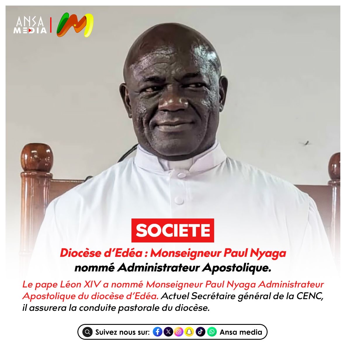 Diocèse d’Edéa : Monseigneur Paul Nyaga nommé Administrateur Apostolique.