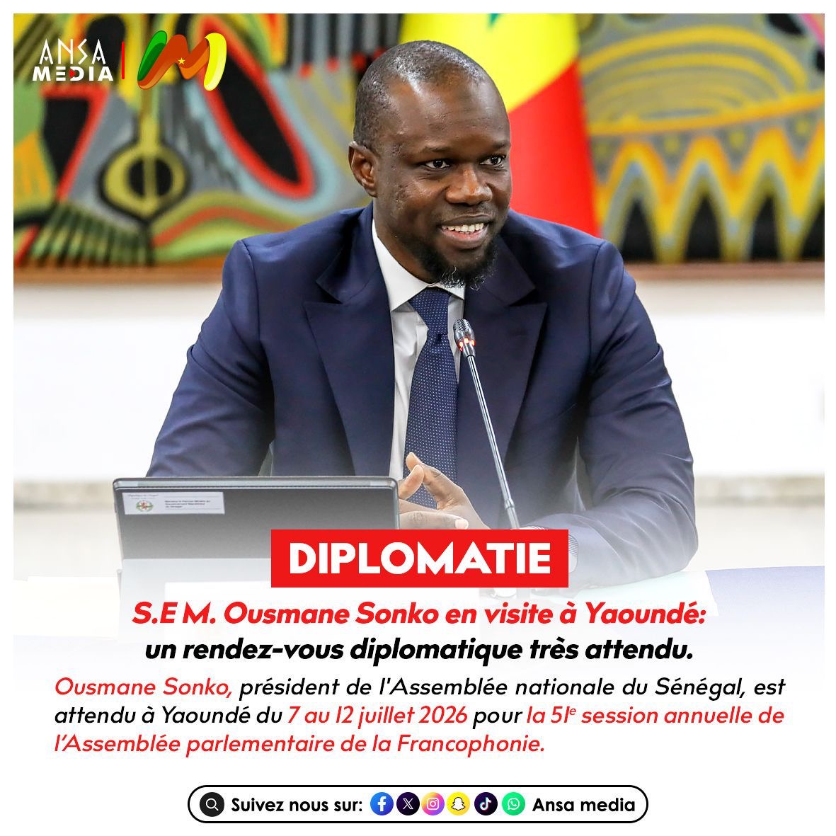 S.E M. Ousmane Sonko en visite à Yaoundé : un rendez-vous diplomatique très attendu.
