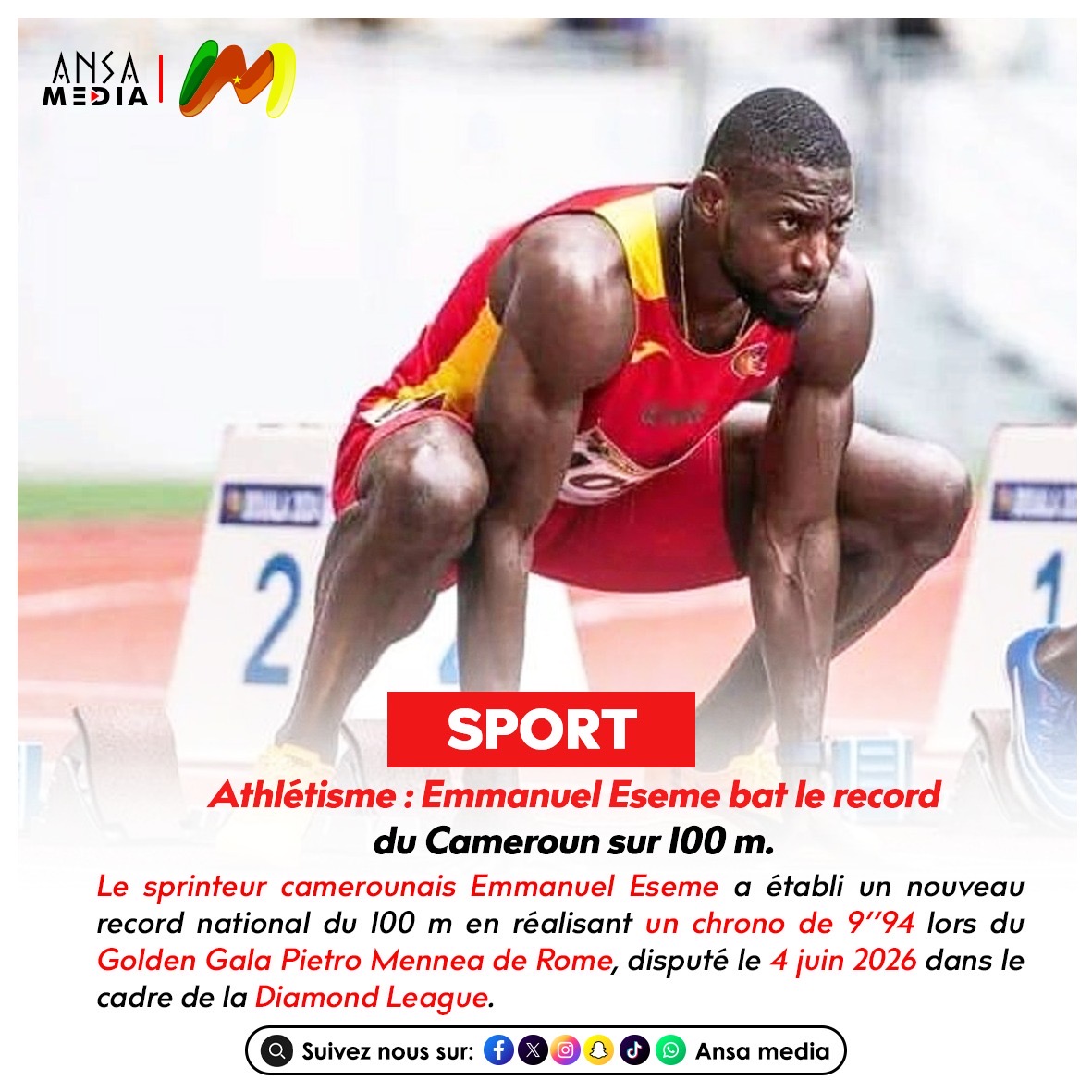 Athlétisme : Emmanuel Eseme bat le record du Cameroun sur 100 m.