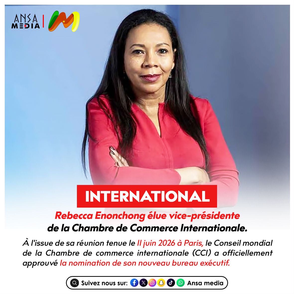 Rebecca Enonchong élue vice-présidente de la Chambre de Commerce Internationale.
