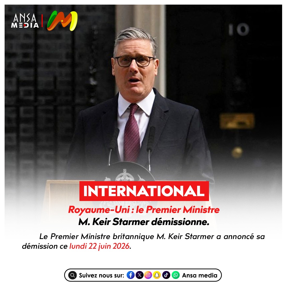 Royaume-Uni : le Premier Ministre M. Keir Starmer démissionne.
