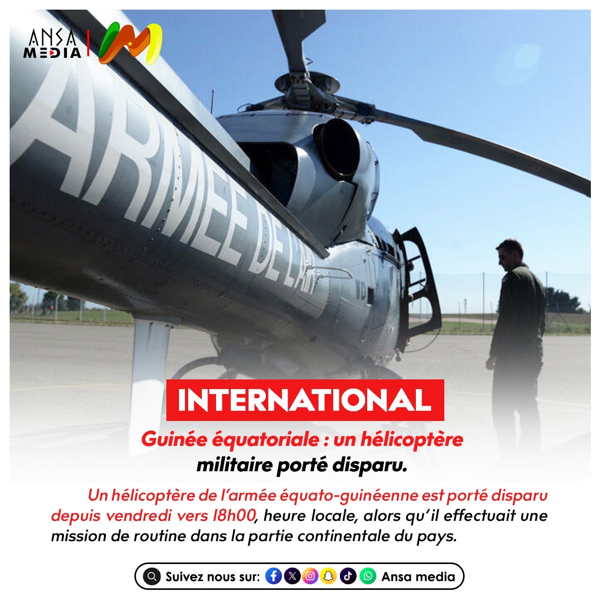 Guinée équatoriale : un hélicoptère militaire porté disparu.