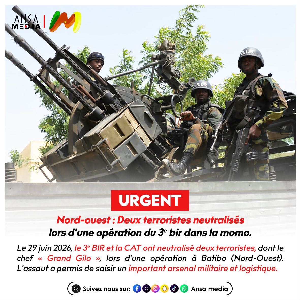 DEUX TERRORISTES NEUTRALISÉS LORS D'UNE OPÉRATION DU 3ᵉ BIR DANS LA MOMO.
