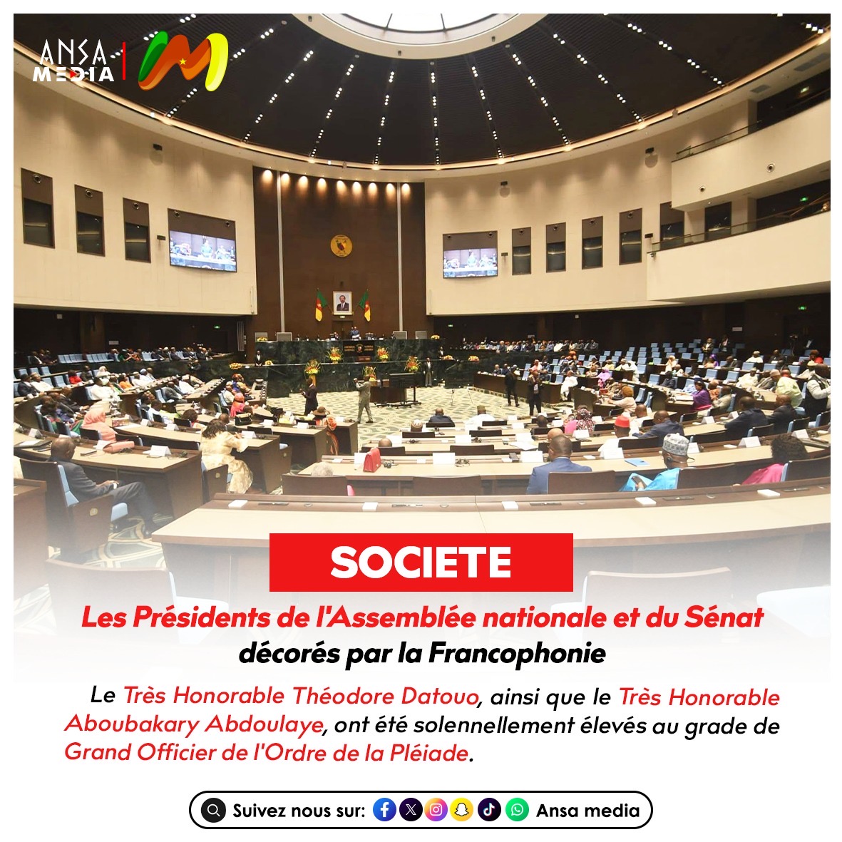Les présidents de l'Assemblée nationale et du Sénat élevés au grade de Grand Officier de la Pléiade.