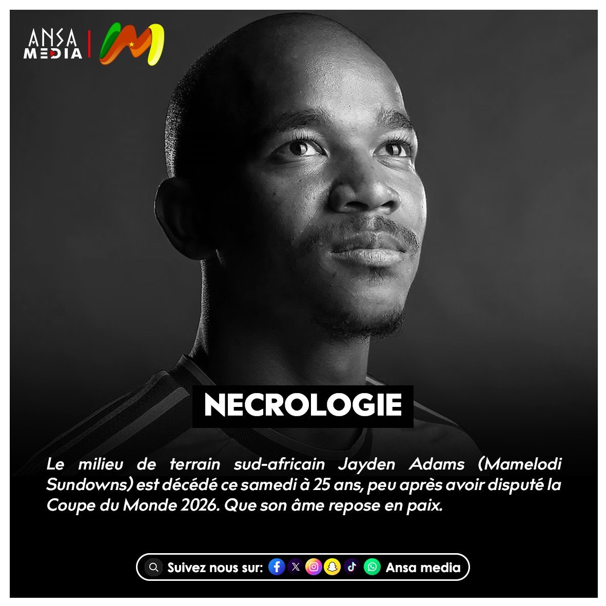Nécrologie : Le football sud-africain en deuil après le décès brutal de Jayden Adams.