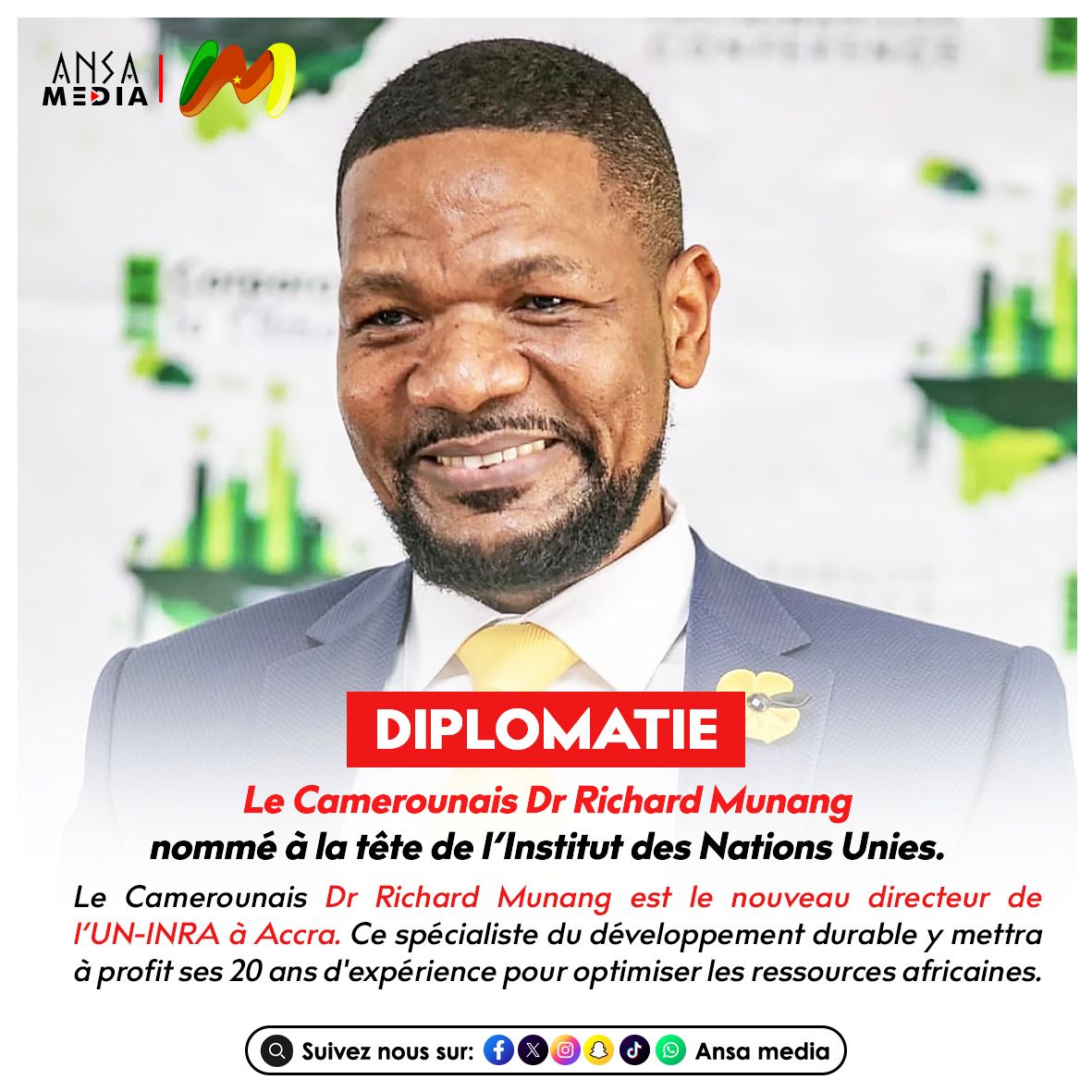 Le Camerounais Dr Richard Munang nommé à la tête de l’Institut des Nations Unies.
