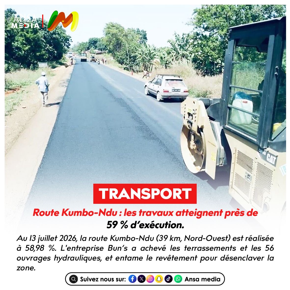 Route Kumbo-Ndu : les travaux atteignent près de 59 % d’exécution.