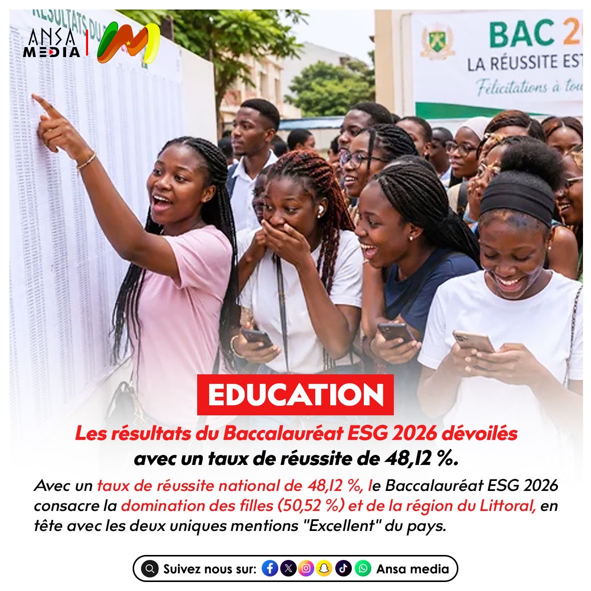 Les résultats du Baccalauréat ESG 2026 dévoilés avec un taux de réussite de 48,12 %.