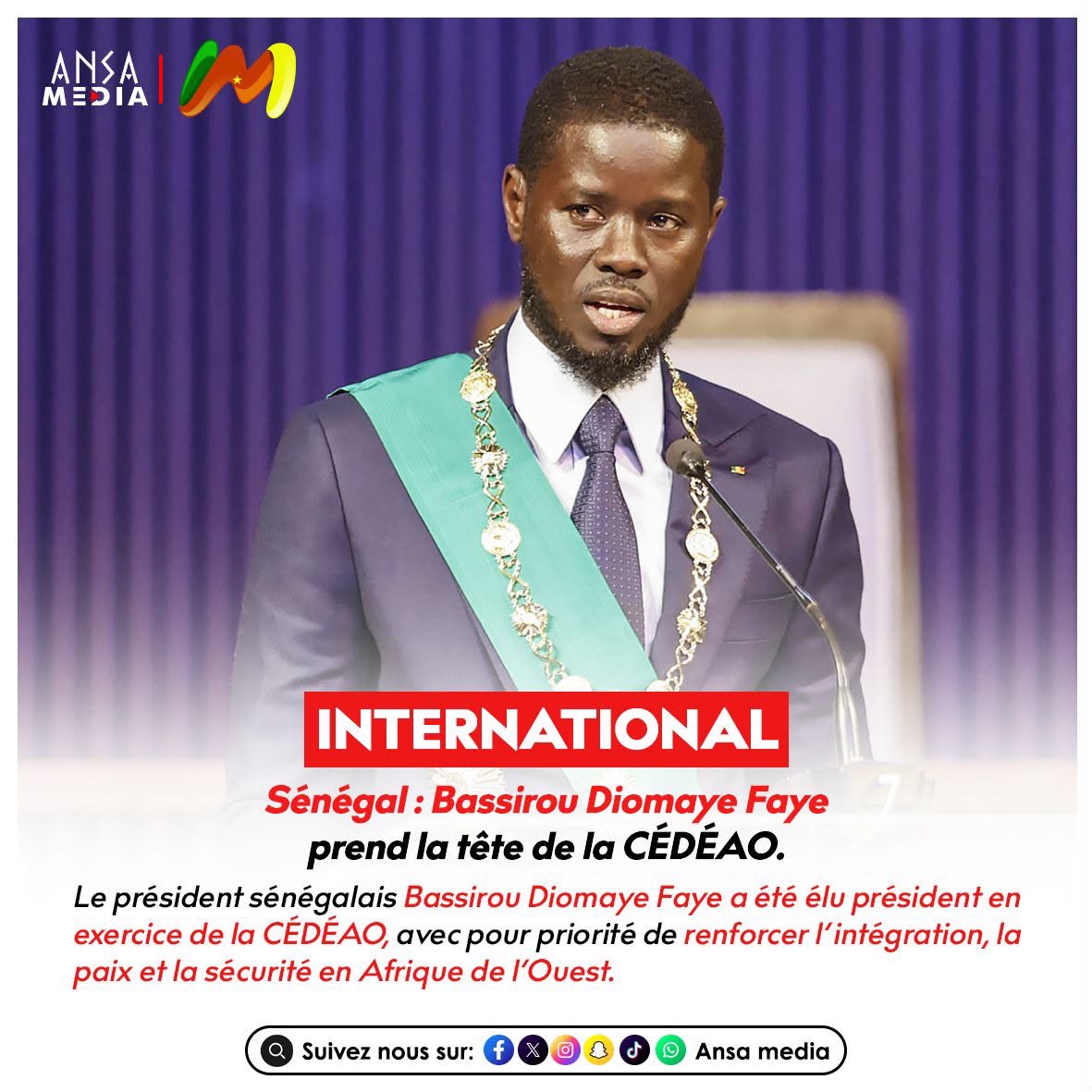 Sénégal : Bassirou Diomaye Faye prend la tête de la CÉDÉAO.