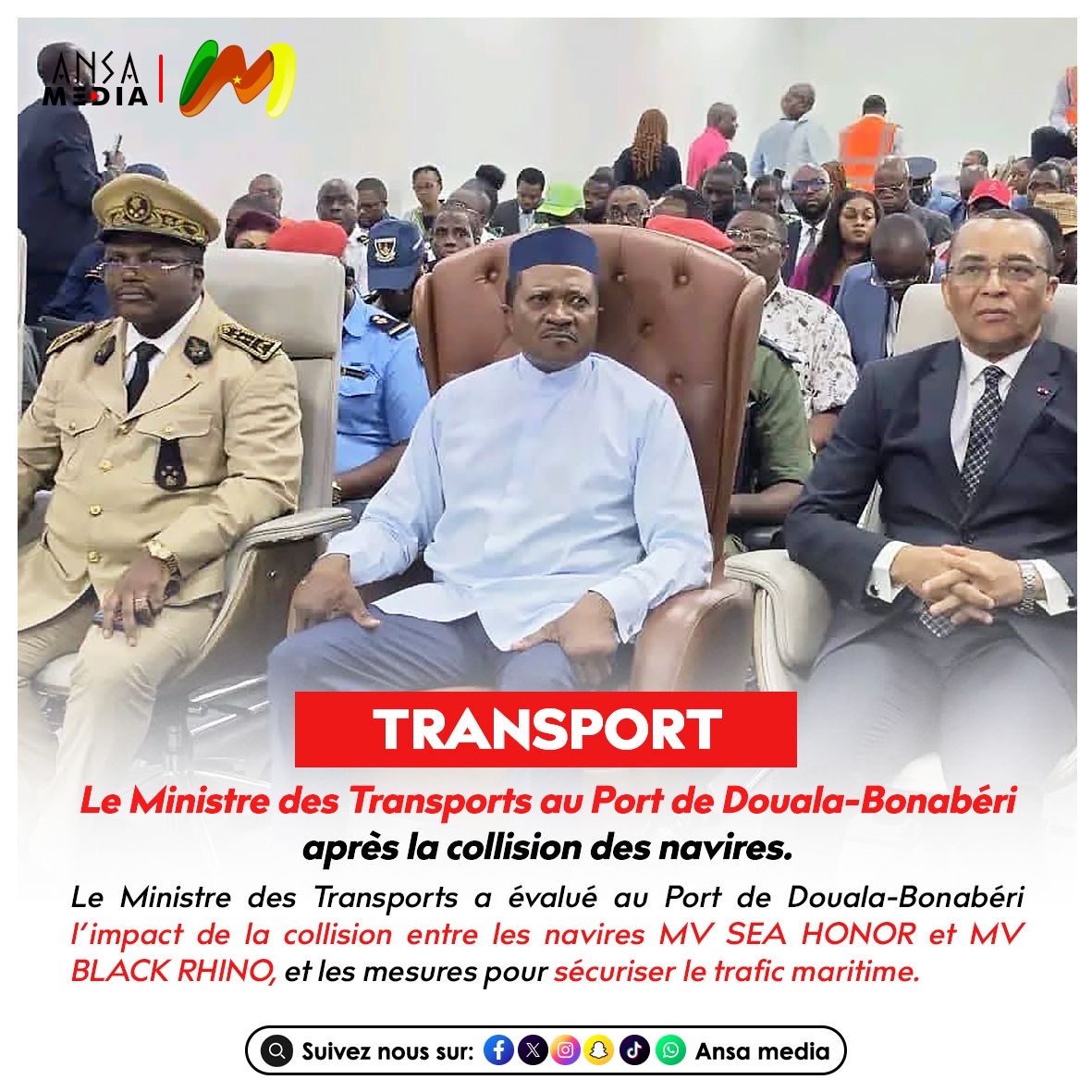 Le Ministre des Transports au Port de Douala-Bonabéri après la collision des navires.