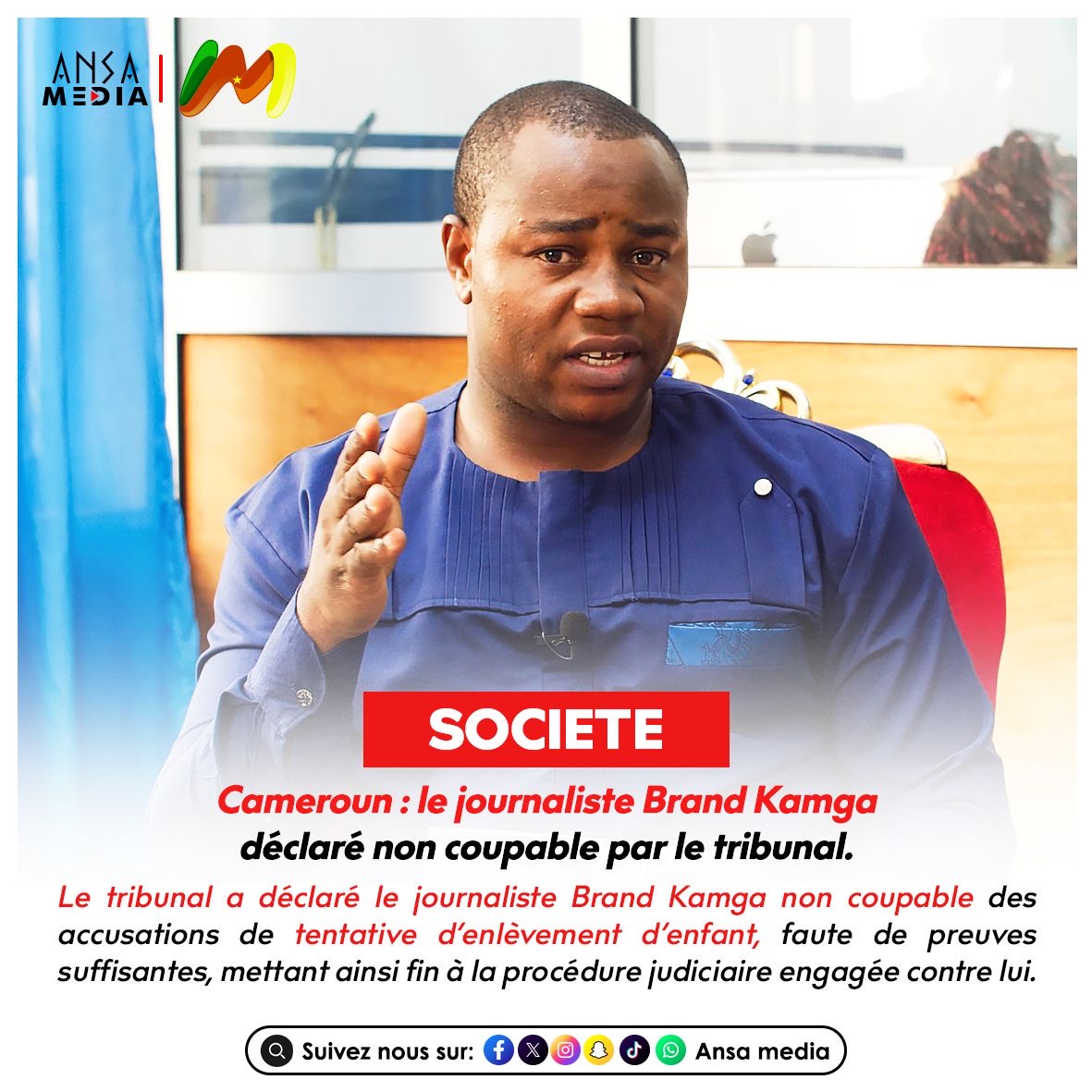 Cameroun : le journaliste Brand Kamga déclaré non coupable par le tribunal.