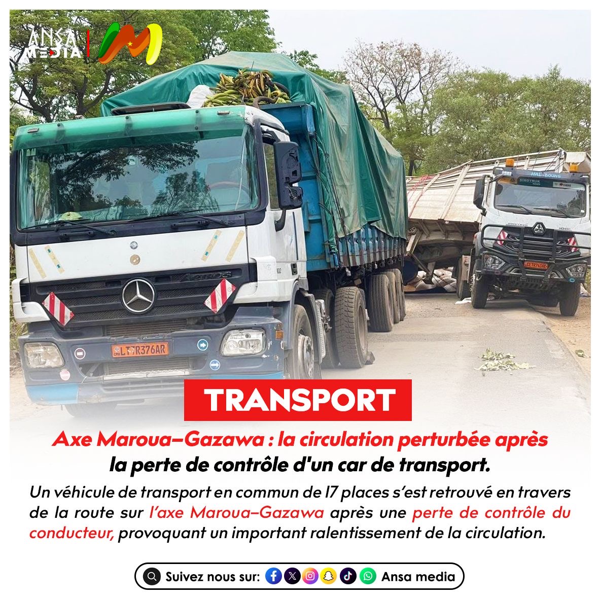 Axe Maroua–Gazawa : la circulation perturbée après la perte de contrôle d'un car de transport.