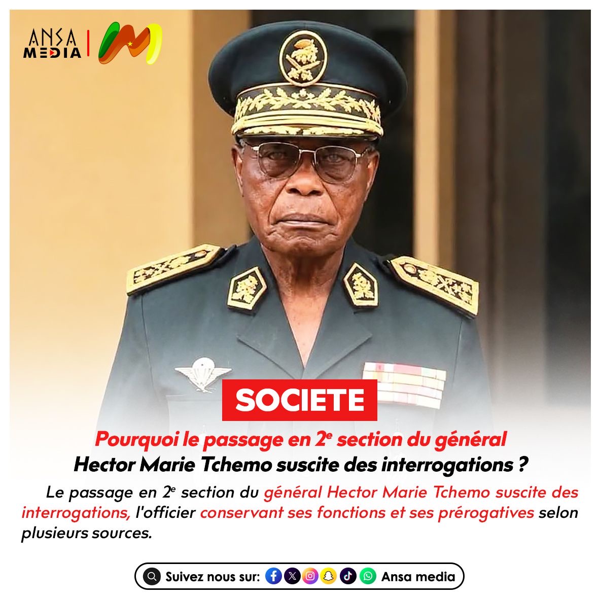 Le passage en 2ᵉ section du général Hector Marie Tchemo suscite des interrogations