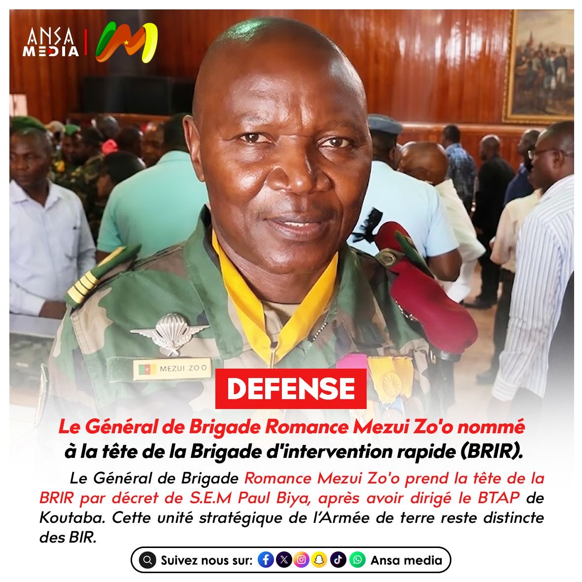 Le Général de Brigade Romance Mezui Zo'o nommé à la tête de la Brigade d'intervention rapide (BRIR).