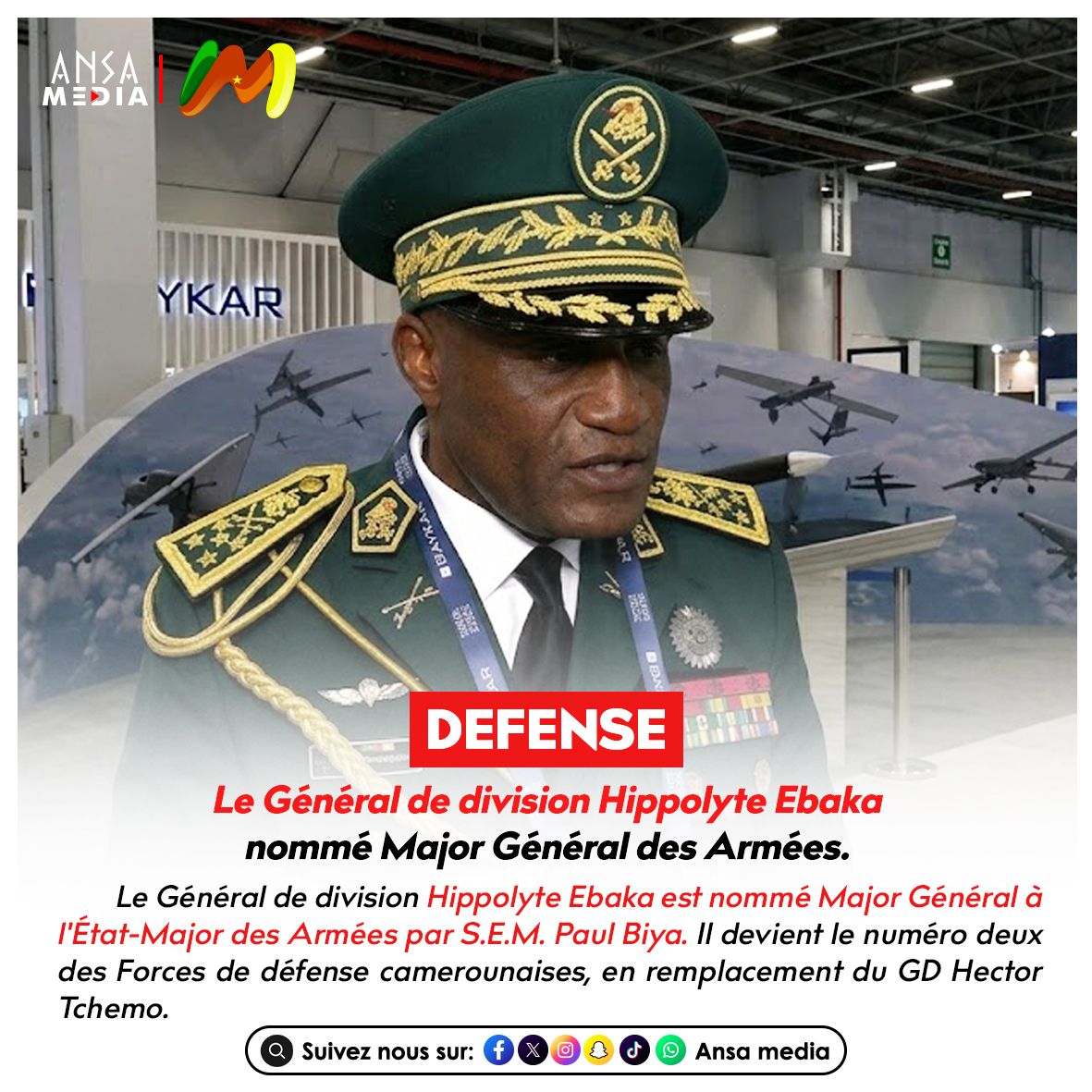 Le Général de division Hippolyte Ebaka nommé Major Général des Armées.