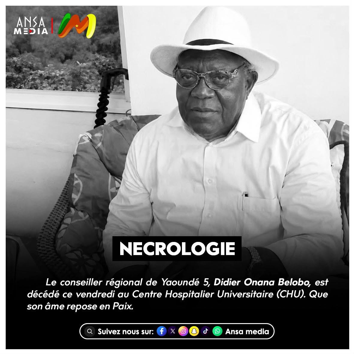 Nécrologie: Décès de M. Didier Onana Belobo, conseiller régional de Yaoundé 5.